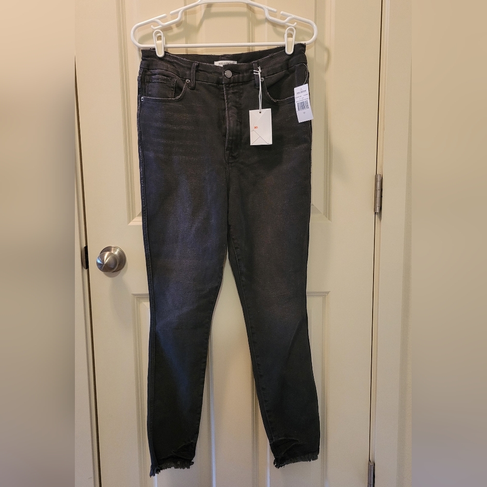 Good American Good Curve Black Distressed Fray Hem Skinny Jeans Size 12 / 31